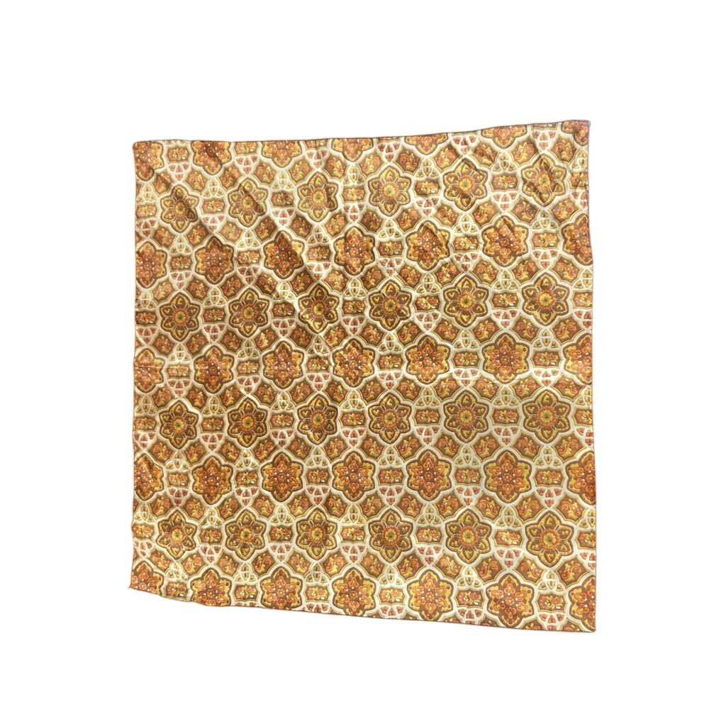 Vintage 70s Geometric Scarf 21” Brown Gold Orange Square Boho Mod Retro Print